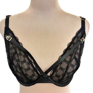 Victoria's Secret Black Underwire Lace Faux Leather Buckle Bra Dark Feminine 38D